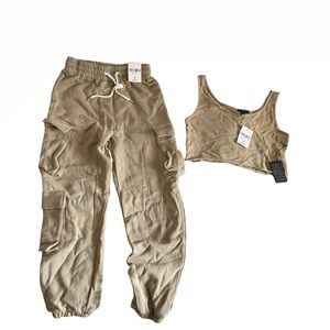Forever 21 Khaki Cargo Joggers and Cropped Tank Set Women’s Size S NWT